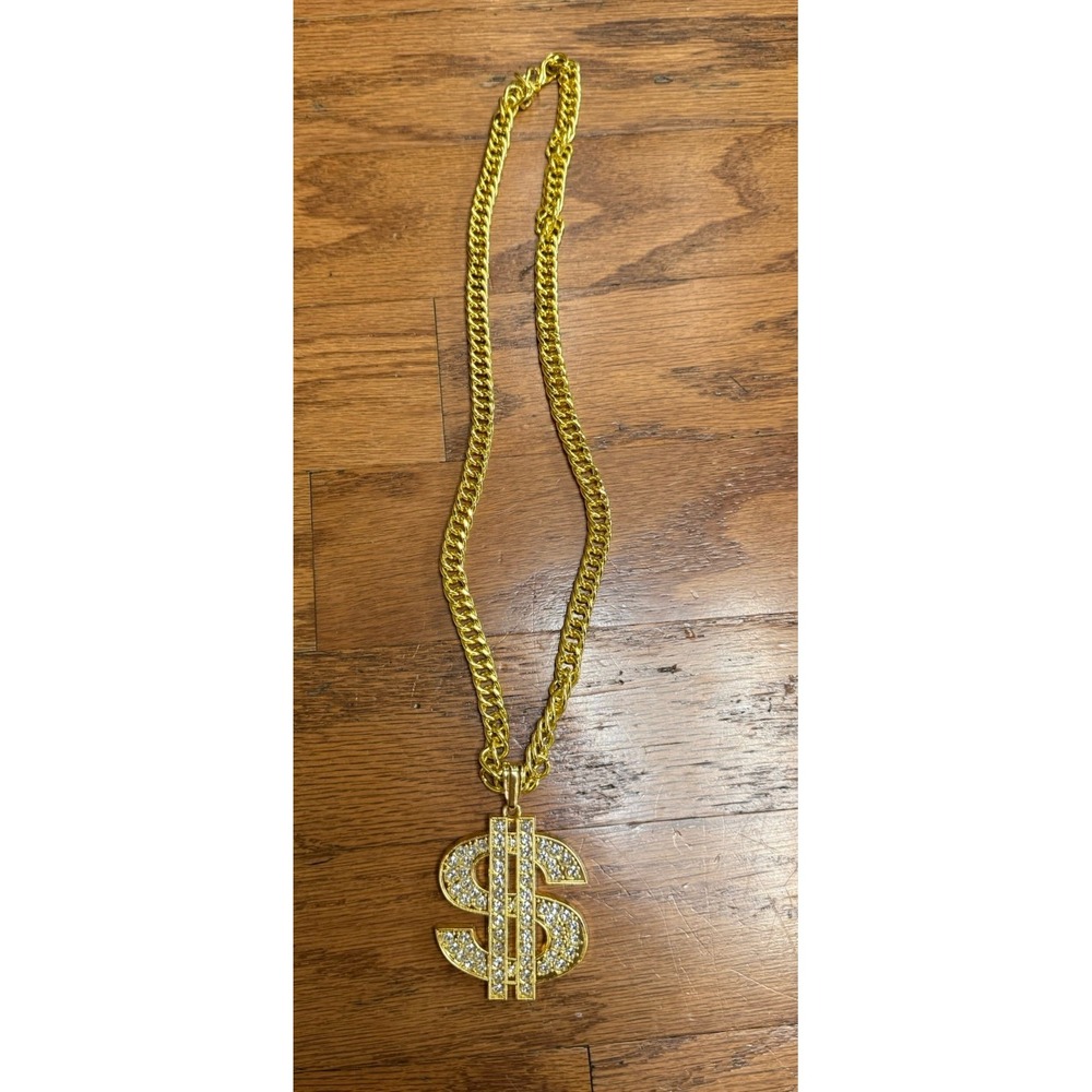 Dollar Sign $ Gold Necklace Rhinestones Bling Pimp Rapper Hip Hop‎ NEW! - Picture 2 of 2